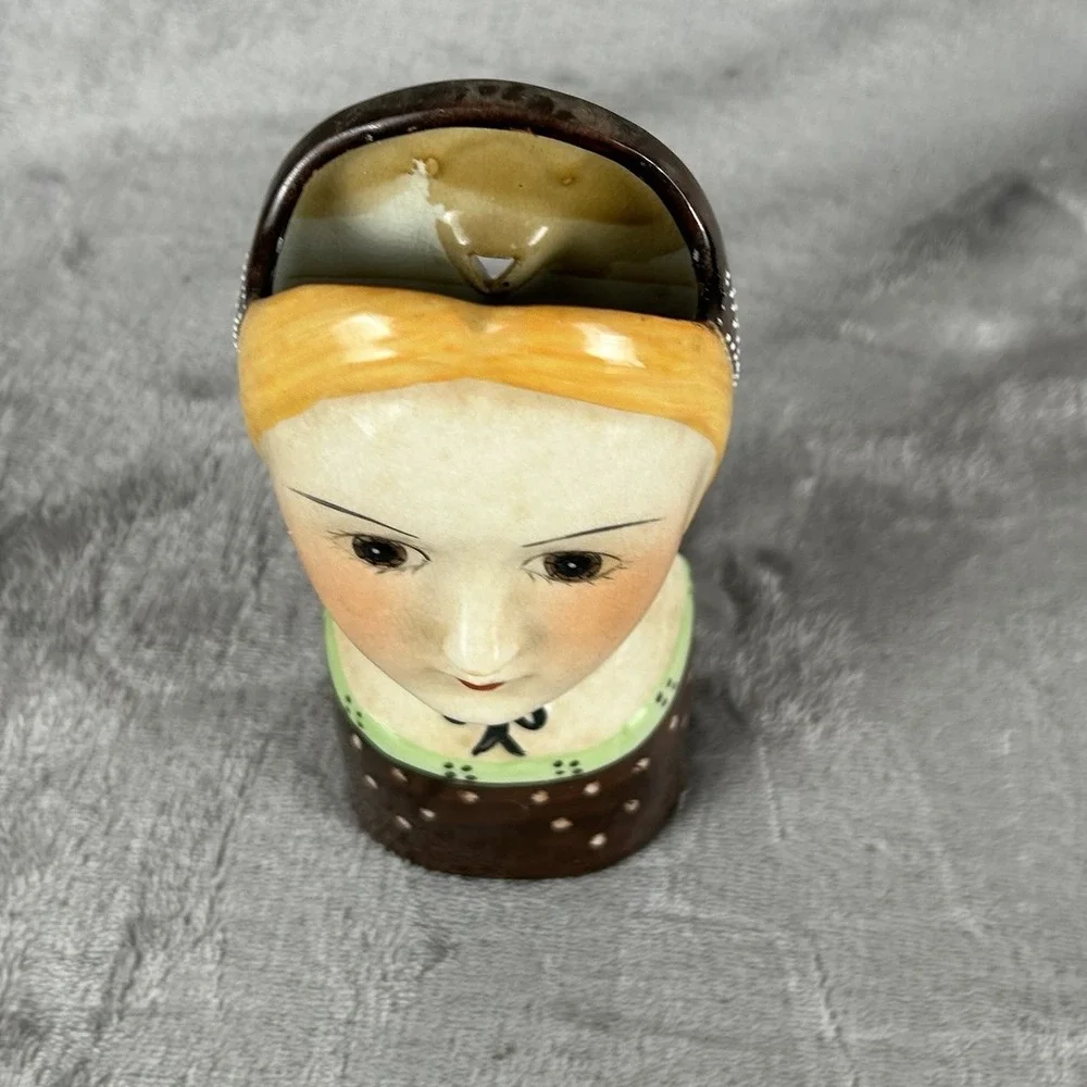 Vintage Ceramic Lady Head Wall Pocket Vase Planter Blonde Woman Polka Dot Dress